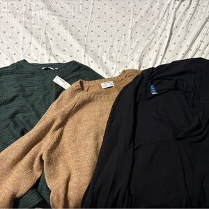 Reitmans green sweater. Old navy light brown sweater, and black vneck hoodie